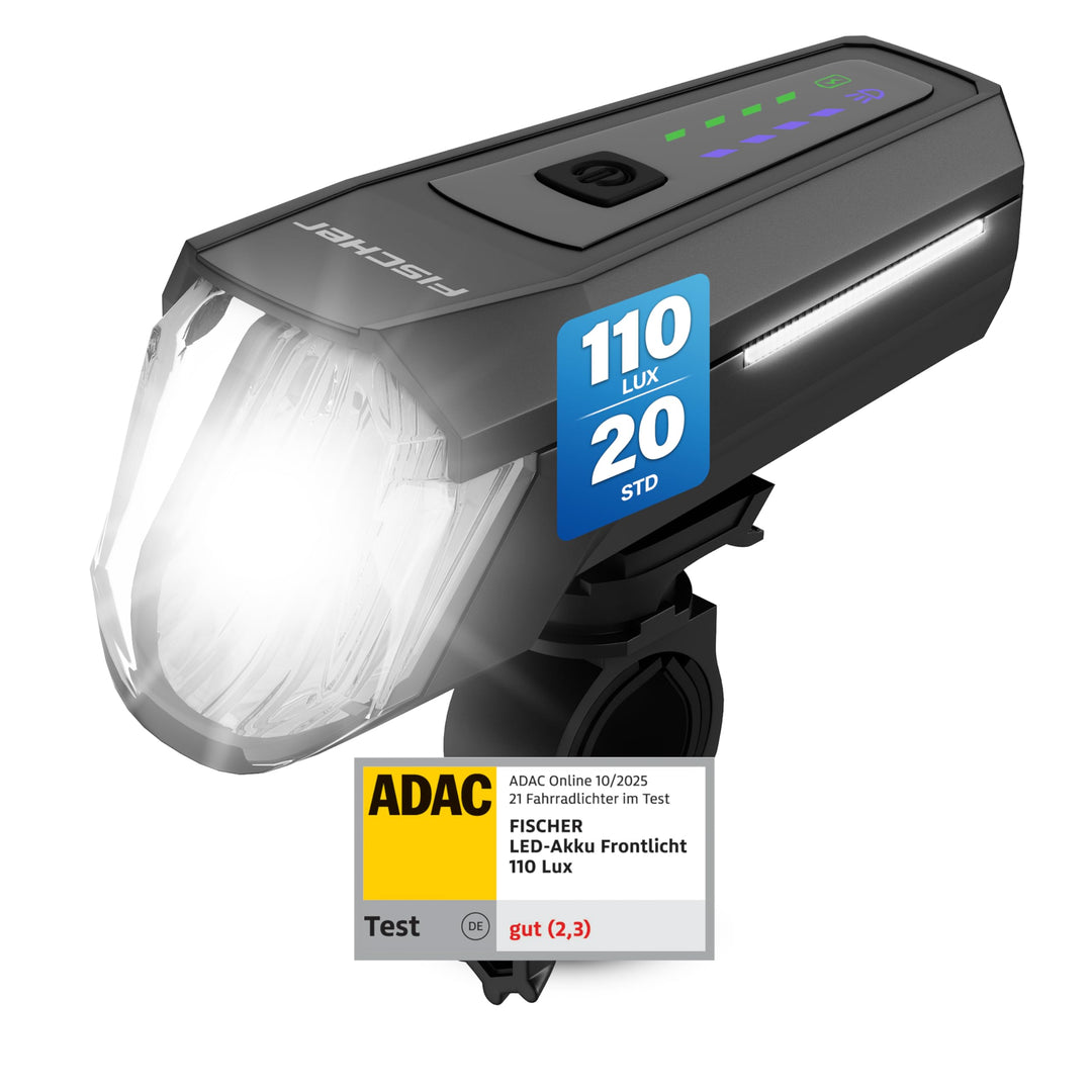FISCHER Fahrrad LED-Frontlicht 110 Lux, mit Sensormodus, Leuchtweiteneinstellung, bis zu 20 Stunden