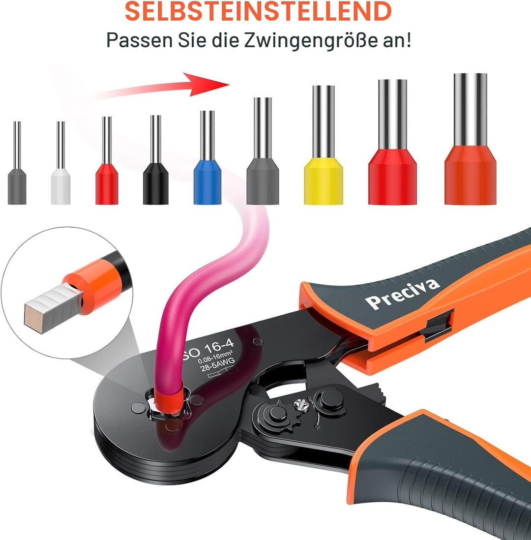 Crimpzangen 0.08-16mm² mit Aderendhülsen Set，Preciva Aderendhülsenzange Vierkant Crimpzange Presszan