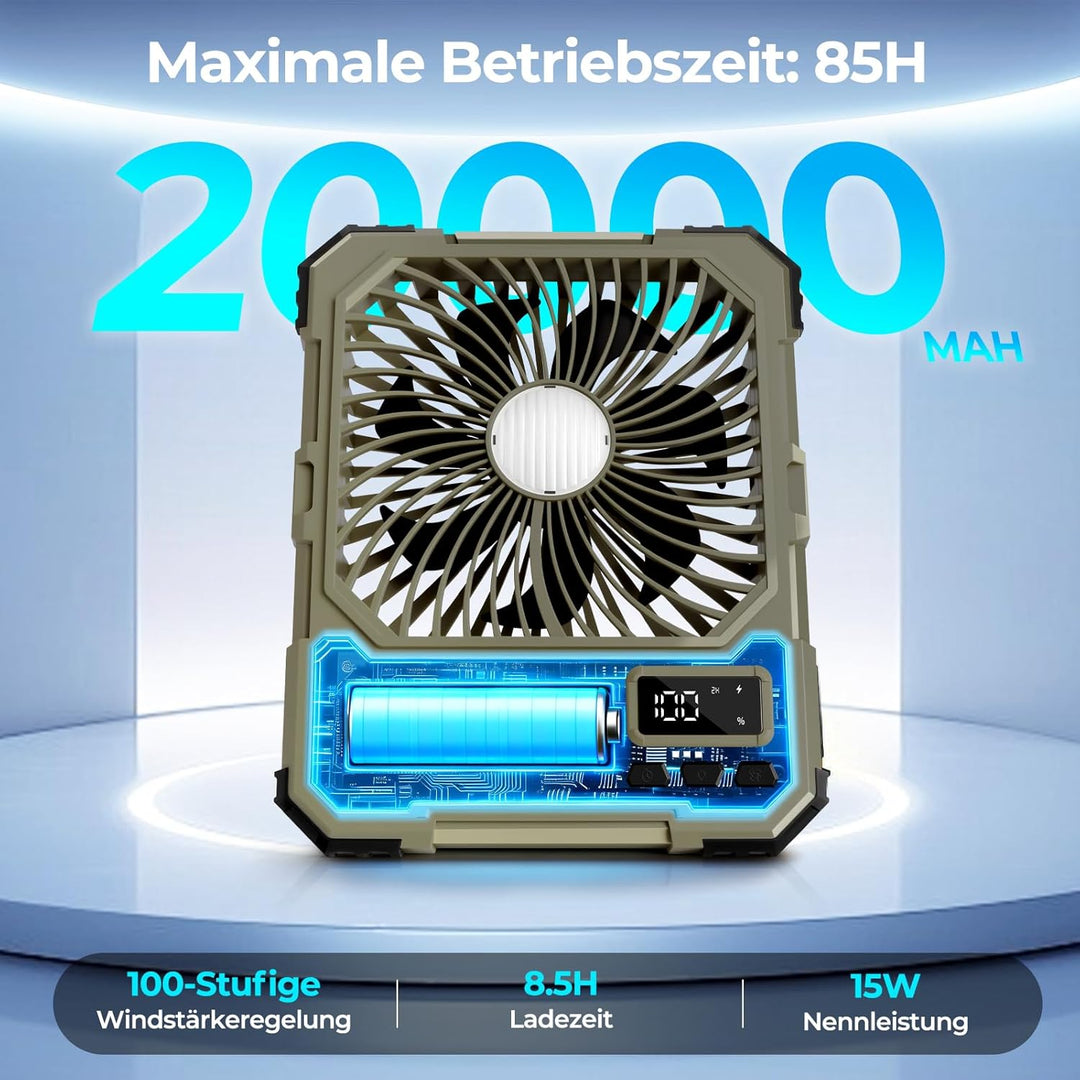 FORMIZON Camping Ventilator mit Licht, 20000mAh USB Ventilator Leise 17-85 Std 5 Geschwindigkeiten A