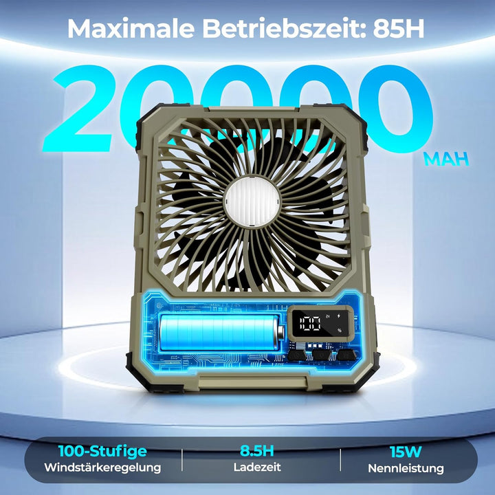 FORMIZON Camping Ventilator mit Licht, 20000mAh USB Ventilator Leise 17-85 Std 5 Geschwindigkeiten A