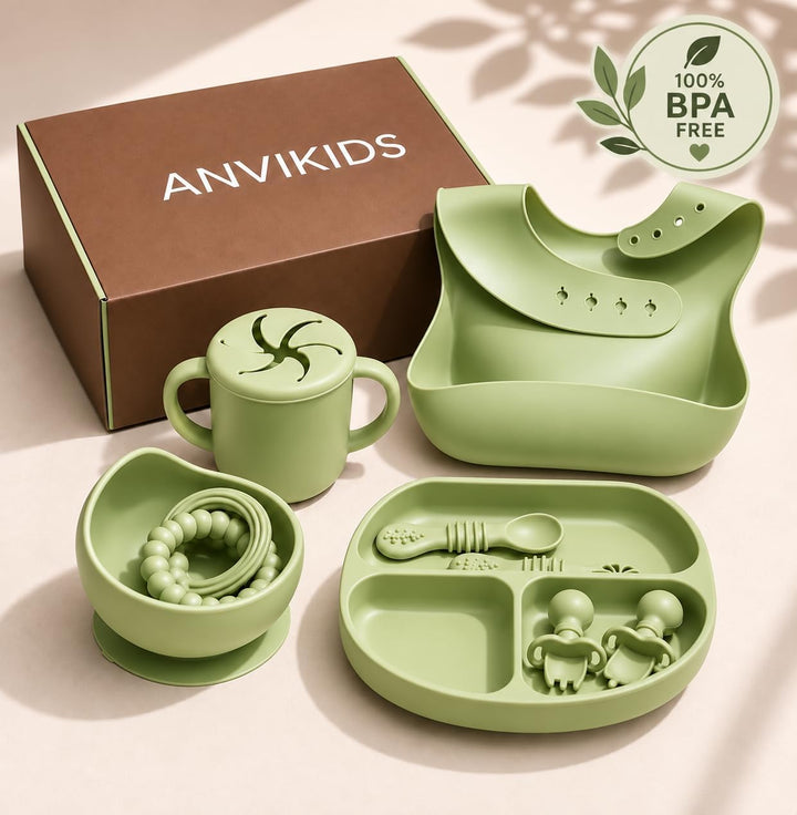 Baby Geschirr Set aus Silikon mit Saugnapf Salbeigrün, Salbeigrün