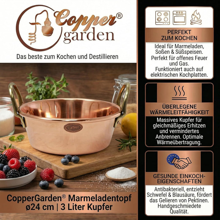 CopperGarden Sossen- & Marmeladentopf 3 Liter I Kochtopf aus Kupfer mit 24 cm Durchmesser I grosser