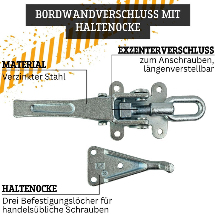 Bordwandverschluss mit Haltenocke SET – Verstellbarer Exzenterverschluss mit Langgriff & Gegenhalter
