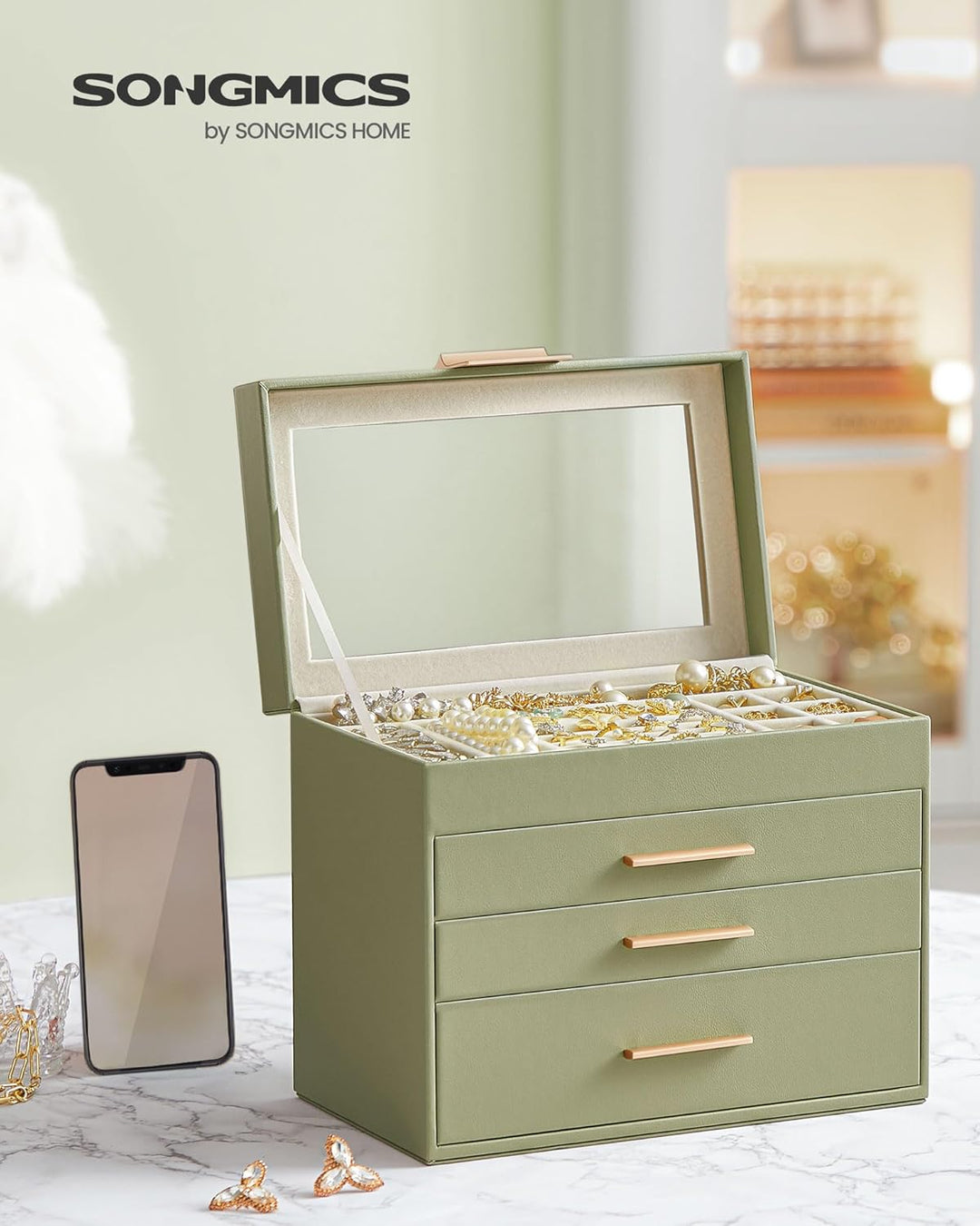 SONGMICS Schmuckkästchen, Schmuckkasten mit 4 Ebenen, Schmuckbox mit Glasdeckel, 3 Schubladen, für S