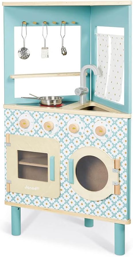 Janod - Trio Holzküche - Kompakte 3-seitige Küche - Küche und Essgeschirr Rollenspielzeug - Retro-St