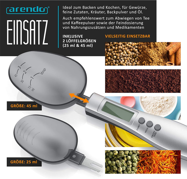 Arendo - Digitale Löffelwaage - Messlöffel von 1 g bis 300 g - Exakte Küchenwaage auf 0,1g - Feinwaa