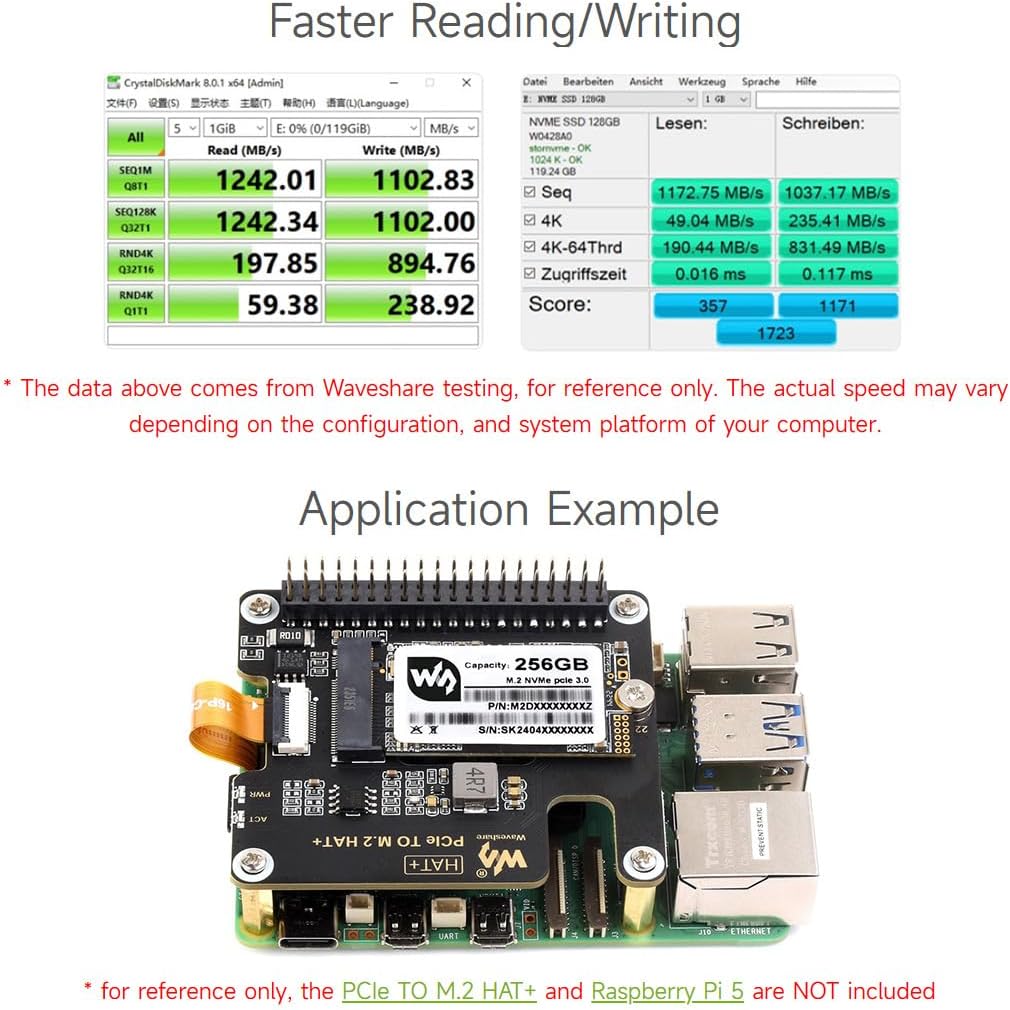 Waveshare SK M2 NVME 2242 128GB Solid State Drive, 3D TLC Flash Memory, High-Speed Reading/Writing C