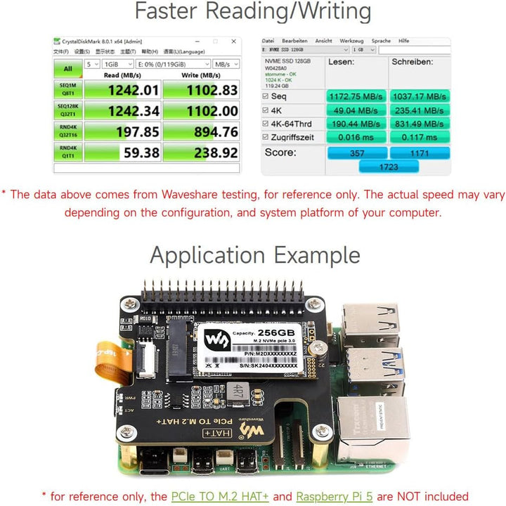 Waveshare SK M2 NVME 2242 128GB Solid State Drive, 3D TLC Flash Memory, High-Speed Reading/Writing C