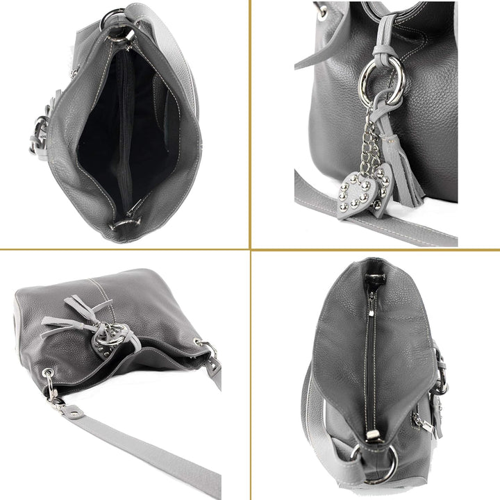 modamoda de - T10 - ital. Leder Schultertasche Umhängetasche Pastellblau/Dunkelbraun, Pastellblau/Du