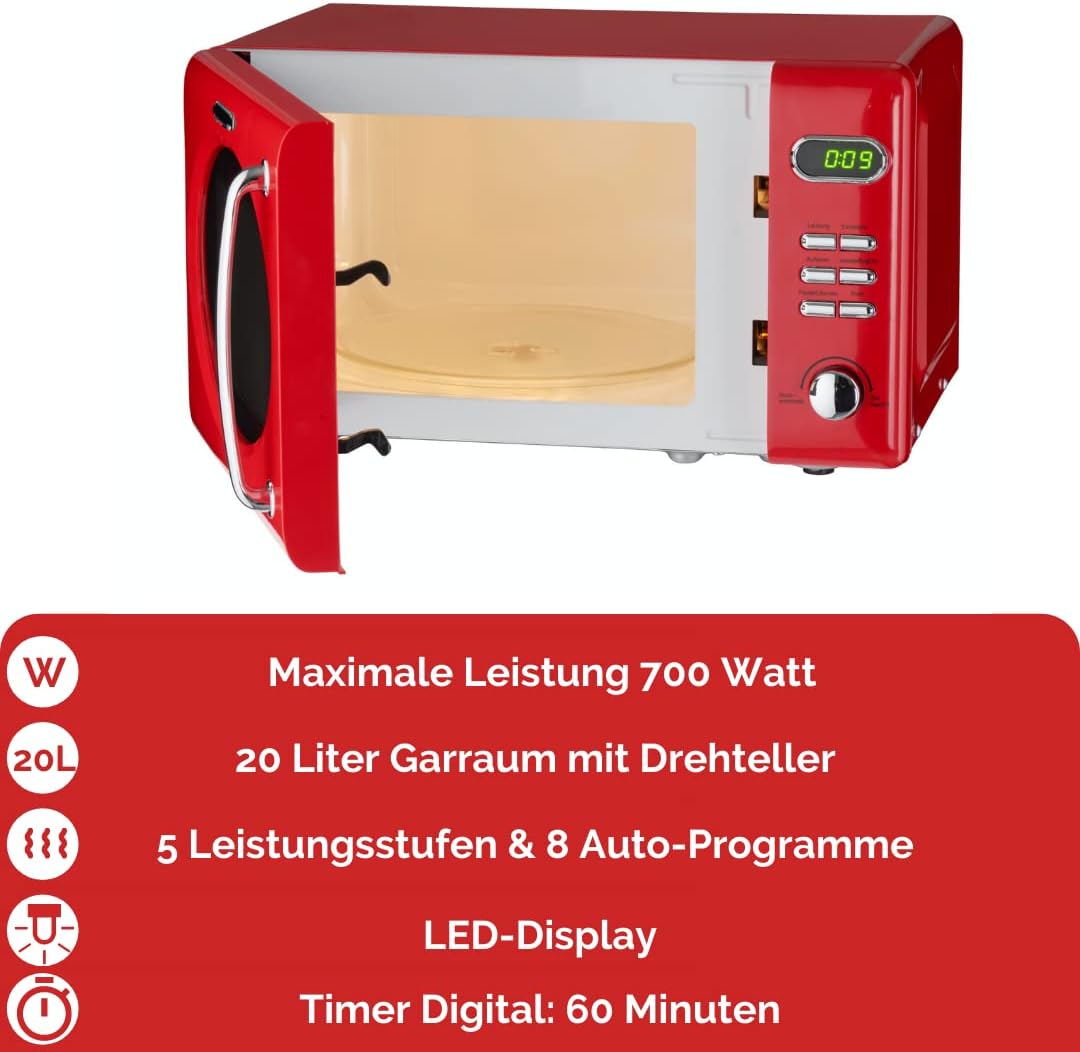 Wolkenstein Retro Stand Mikrowelle WMW720 SC I 700W Mikrowellenleistung I 20L Garraum I5 Leistungsst