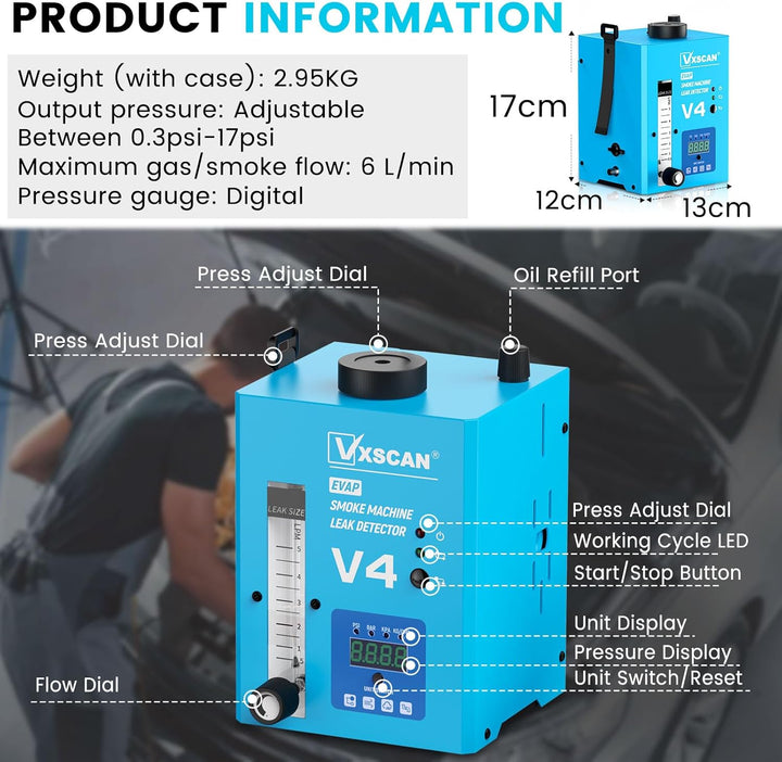 12V Nebelmaschine KFZ Rauchmaschine Lecksuchgerät EVAP mit Digitalem Druckmesser & Luftmengenmesser