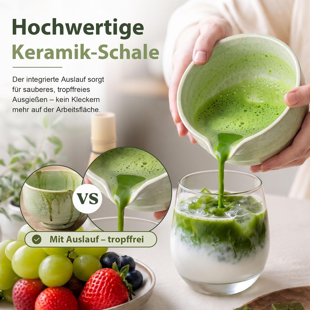 Matcha Set, 8 Stk Matcha Tee Set mit Keramik Matcha Schale mit Ausguss | Tropffreies Ausgiessen, Cre