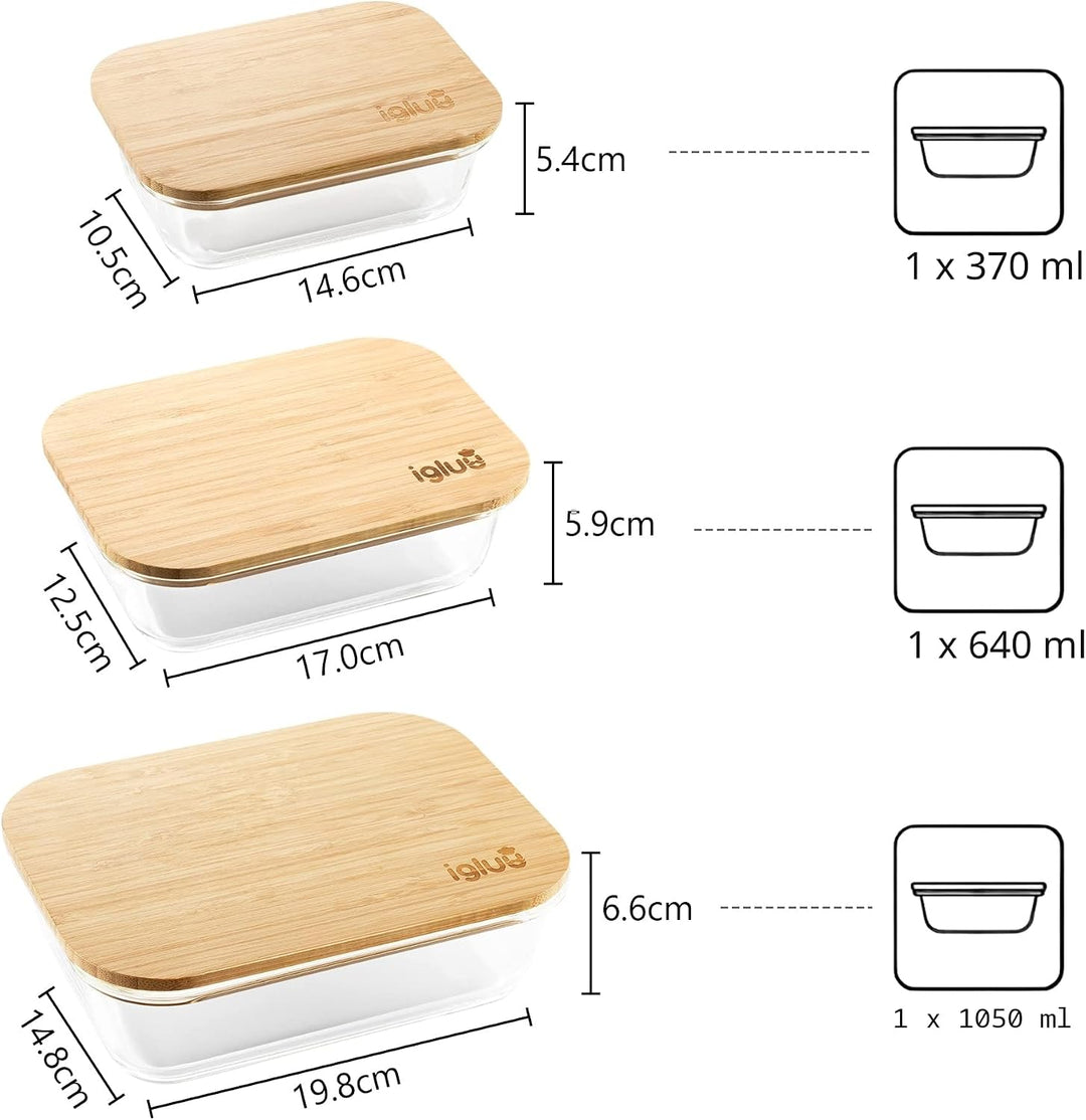 Igluu Meal Prep Glas Lebensmittel Frischhaltedosen (3er Set), Umweltfreundliche Lebensmittelbehälter