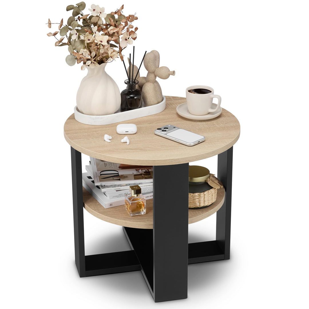 Couchtisch rund Ø53 cm - Kleiner Beistelltisch mit Ablage - Sonoma Eiche - 2 Ebenen, runder moderner