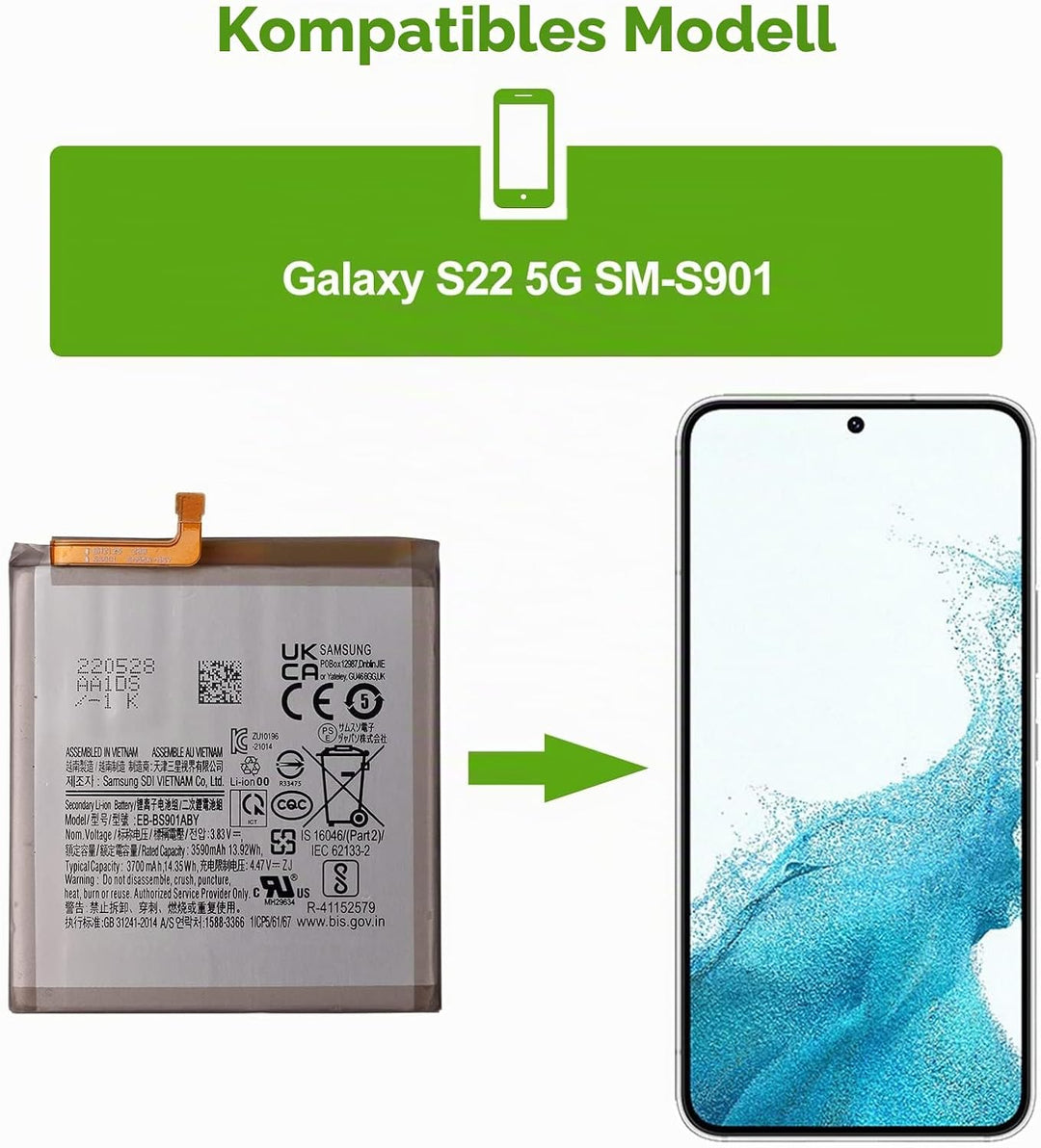 SwarKing Ersatz Akku Kompatibel mit Samsung Galaxy S22 5G SM-S901 EB-BS901ABY with Toolkit