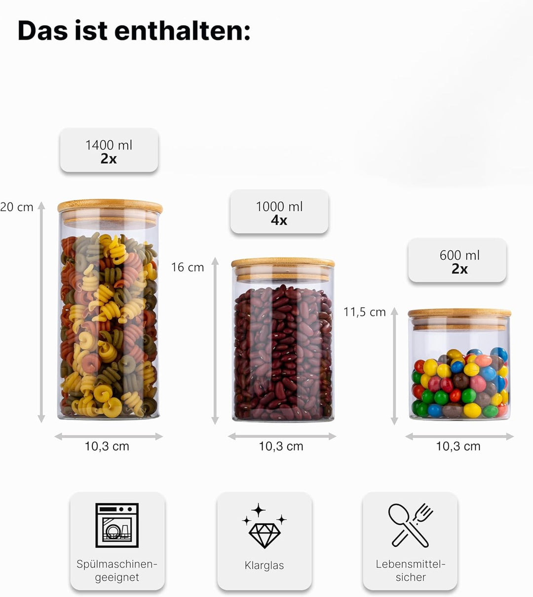 Deco haus® Vorratsgläser mit Deckel luftdicht + Etiketten [8er KOMBI SET] - Für Müsli, Cornflakes, M