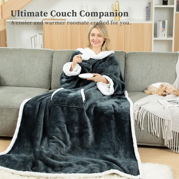 Winthome Kuscheldecke mit Ärmeln Dick, Wolldecke Warm Winter, Sherpa Decke mit Tasche, Fleecedecke W
