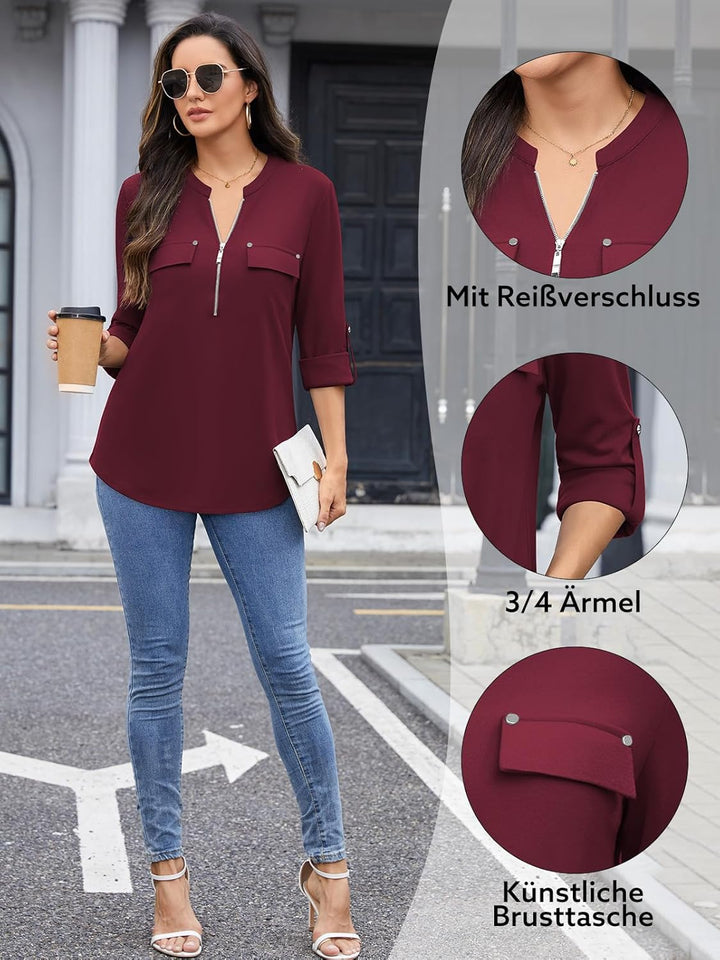 Siddhe Damen V-Ausschnitt Bluse 3/4 Ärmel Tunika Reissverschluss Langshirt Langarm Hemd Tops T-Shirt