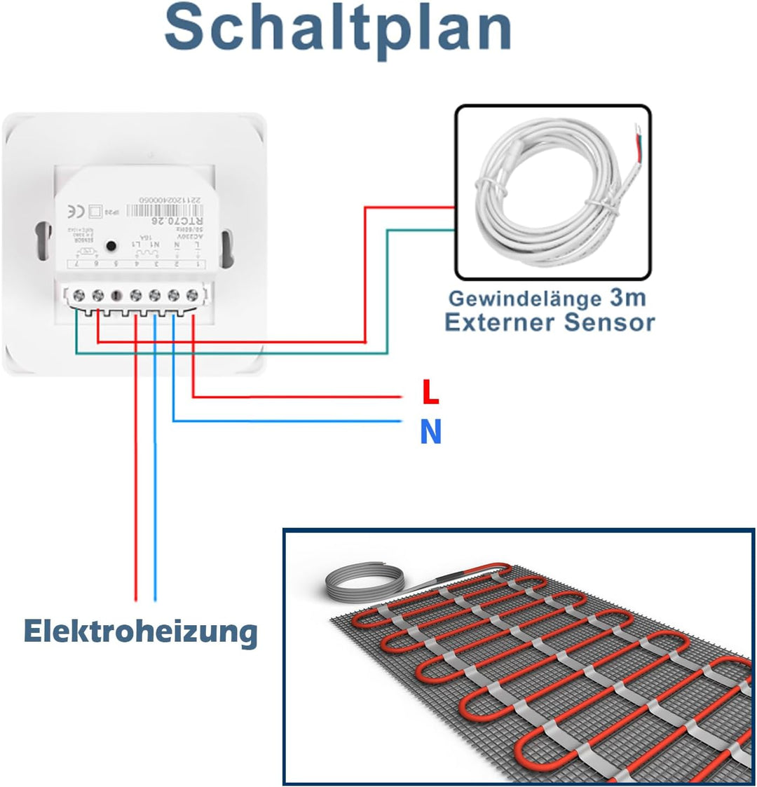 CNBINGO Drehknopf Digitaler Raumthermostat Unterputz mit Fühler, Geeignet für alle Arten von elektri
