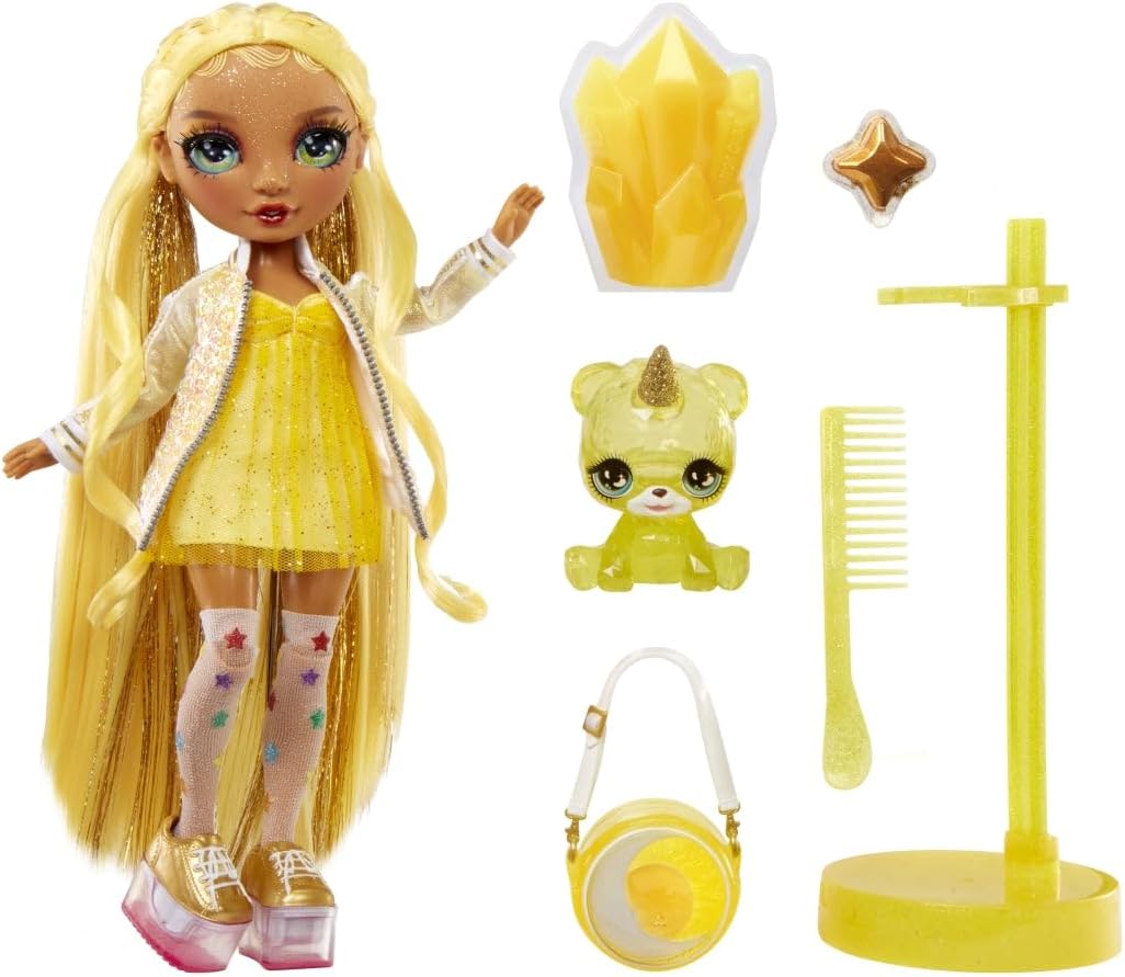 Rainbow High Modepuppe mit Schleim & Haustier - Sunny (Gelb) - 28 cm Schimmernde Puppe mit Glitzersc