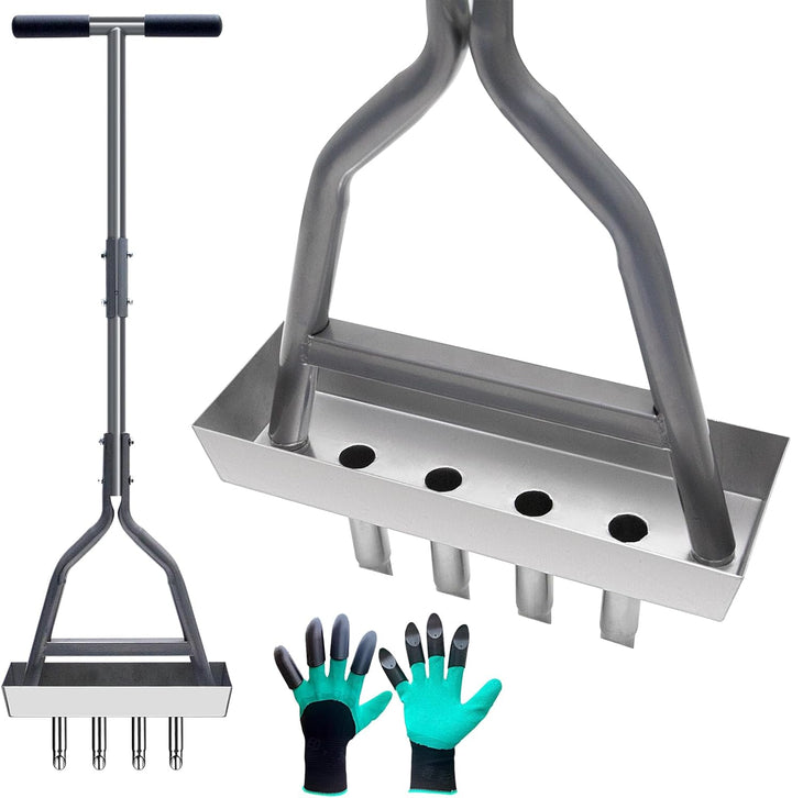 Rasenlüfter mit 4 Zinken, Rasenbelüfter Spike Metall mit Ablageschale & Gartengeräten, Rasen-Kernbel