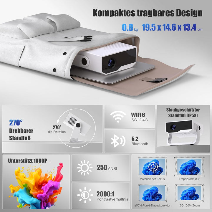 ZDK 2026 Upgrade Mini Beamer Integrierte Apps, Android 14, unterstützt 4K 1080P, Trapezkorrektur, WL