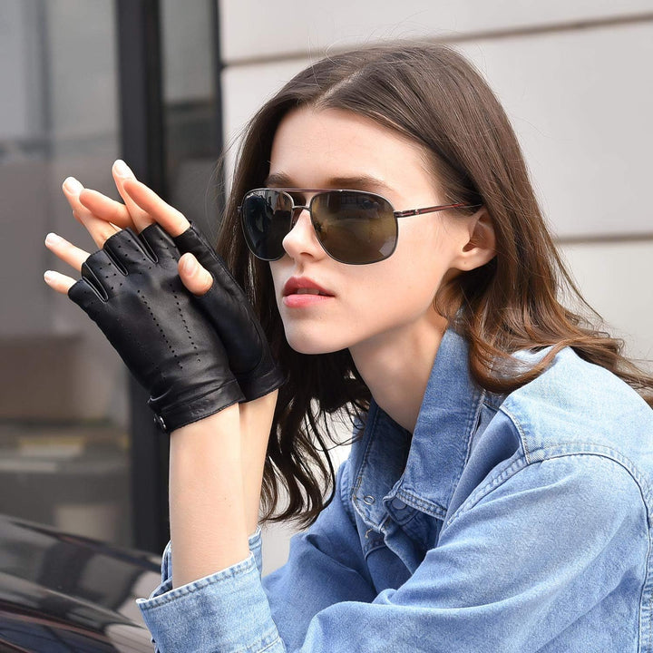 GSG Fingerlose Lederhandschuhe Damen aus echtem Leder Ungefütterte Halbfinger-Fahrhandschuhe aus Sch