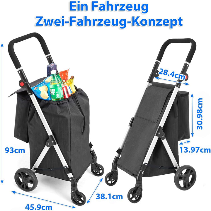 Einkaufstrolley, 46L Trolly Einkaufswagen Klappbar, 4 Rädern Aluminium Leichtgewicht Einkaufstrolley