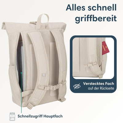 LARKSON Rolltop Rucksack Damen Gross Beige - No 2 - Daypack für Schule, Uni, Fahrrad - 16 Zoll Lapto