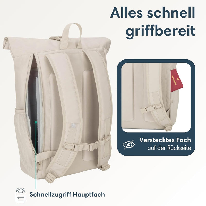 LARKSON Rolltop Rucksack Damen Gross Beige - No 2 - Daypack für Schule, Uni, Fahrrad - 16 Zoll Lapto