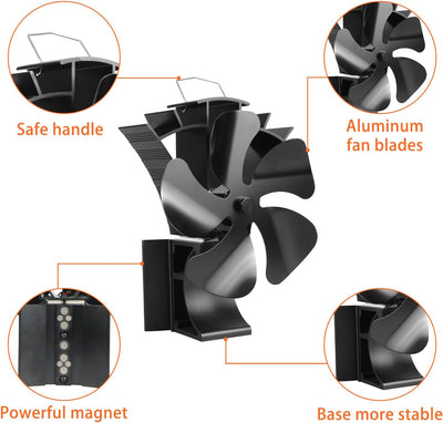 HAWCAFU 3-in-1 Ofenventilator mit Magnet, 5-Blatt Kaminventilator für Kaminrohr, Kaminofenaufsatz -