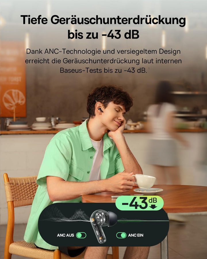 Baseus EP10 NC In Ear Kopfhörer Bluetooth Noise Cancelling, Bluetooth Kopfhörer mit -43 dB ANC, Adap