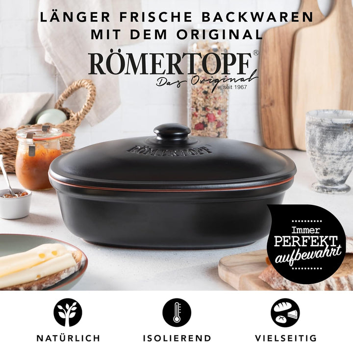 Römertopf Brottopf oval MEDI 2,3 Liter - Brotkasten Schwarz aus Keramik - Atmungsaktiver Tontopf für