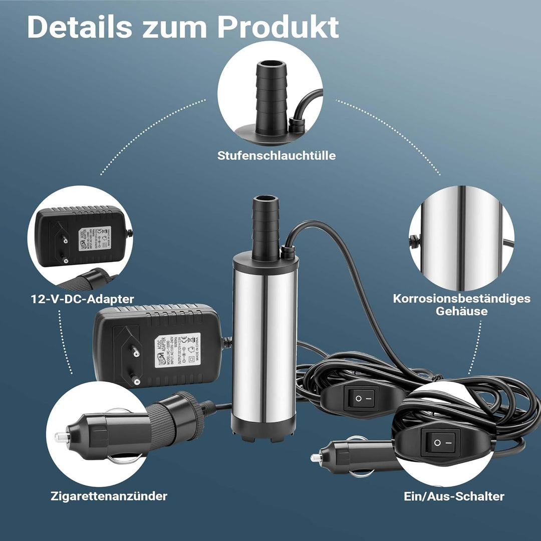 Wiltec Mini Pumpe 12-15 l/min 8500 U/min 12 V, 16 mm Auslass, Tauchpumpe für Wasser und Dieselöl, zu