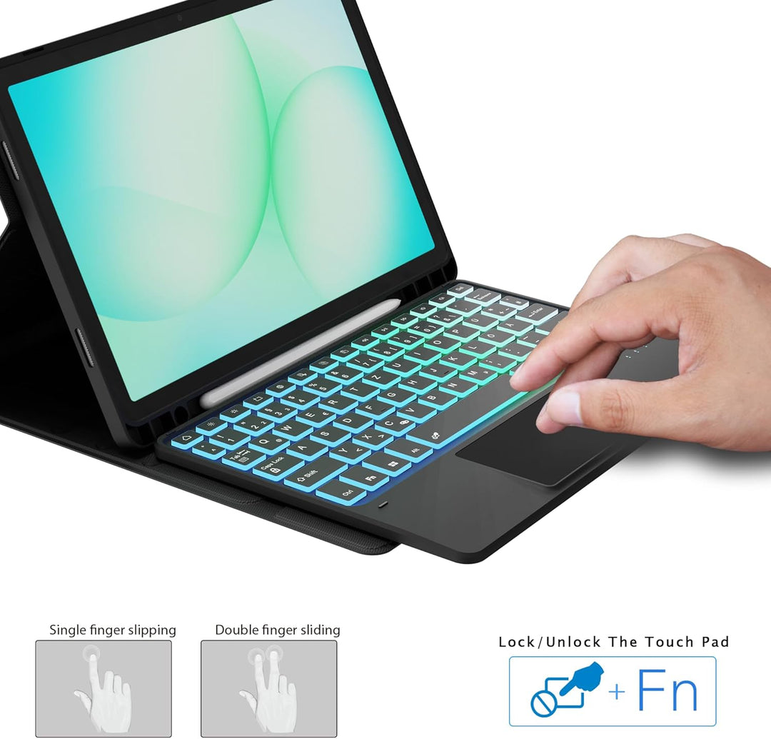 für 11 Zoll Samsung Galaxy Tab A9+ /A11+ Hülle mit QWERTZ Tastatur - Regenbogen-Hintergrundbeleuchtu