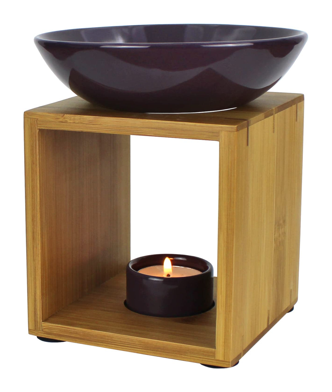 Bitto Duftlampe Malmö Aubergine mit Kerze, grosse Schale, Fair Trade, Aromalampe aus Bambusholz und