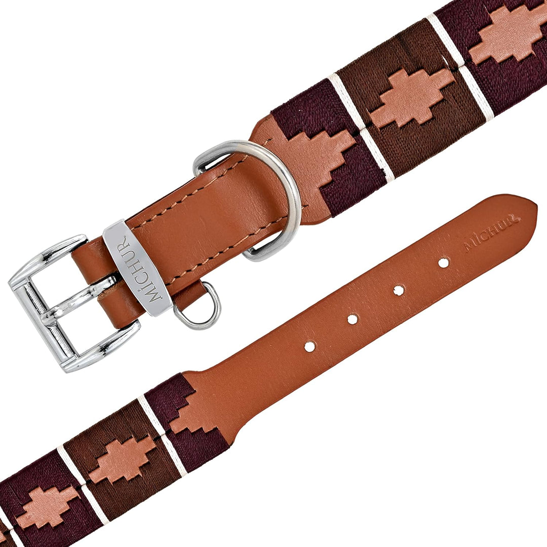MICHUR Pippa Braun Blau Türkis Baumwollgarn Hundehalsband Leder, Lederhalsband Hund, Halsband, Leder
