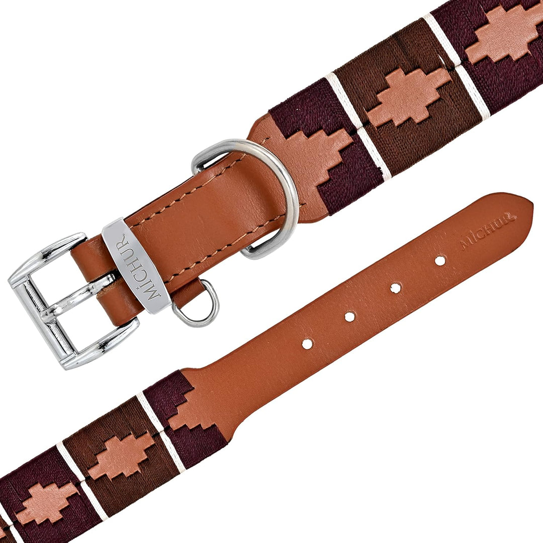 MICHUR Pippa Braun Blau Türkis Baumwollgarn Hundehalsband Leder, Lederhalsband Hund, Halsband, Leder