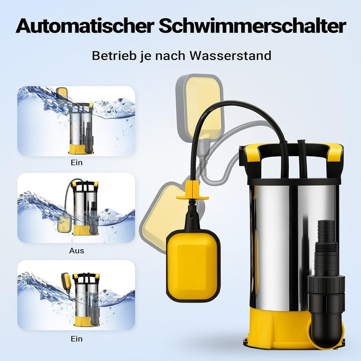 Wiltec Tauchpumpe mit Schwimmer Edelstahl 550 W, flachabsaugende Pumpe bis 1 mm, Tiefbrunnenpumpe bi