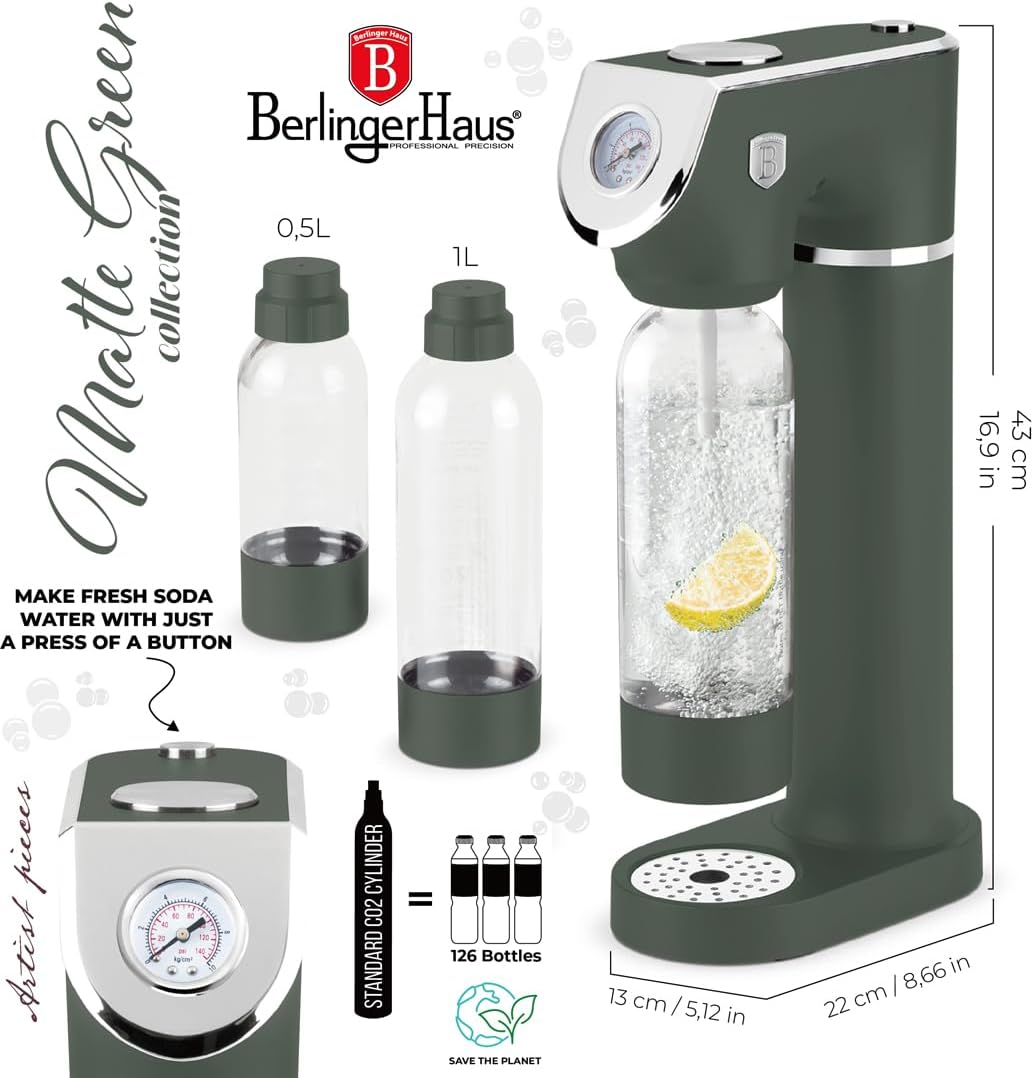Berlinger Haus Sodamaschine SODABAR mit 2 Flaschen 1 l und 0,5 l Edelstahl ohne Strom CO2 kompatibel