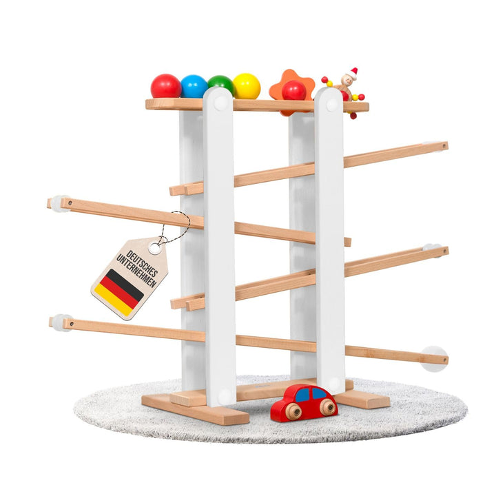 Stabile Kugelbahn L aus Holz Grau, 7 niedliche Mobile wie Auto, Blume, Kasper, Kugel, grosse Murmelb