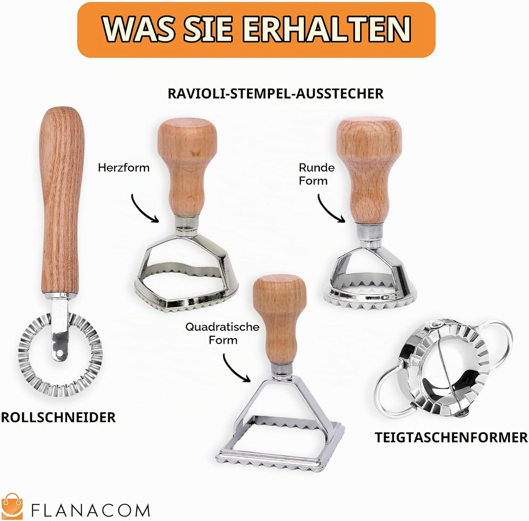 Ravioli Ausstecher Set mit Teigtaschenformer und Teigrädchen - aus hochwertigem Buchenholz und rostf