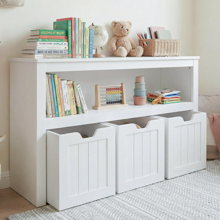Leeshyah Kinderregal mit Boxen, Spielzeugregal Kinderzimmer mit 3 Rollboxen, Kinder Bücherregal und