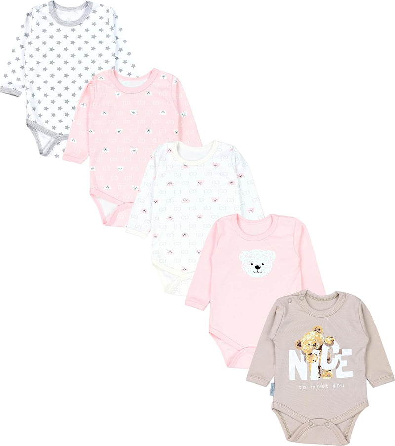 TupTam Mädchen Baby Body Langarm Unifarben 5er Pack 74 Bärchen Rosa Weiss Sterne Grau Nice Teddy Bei