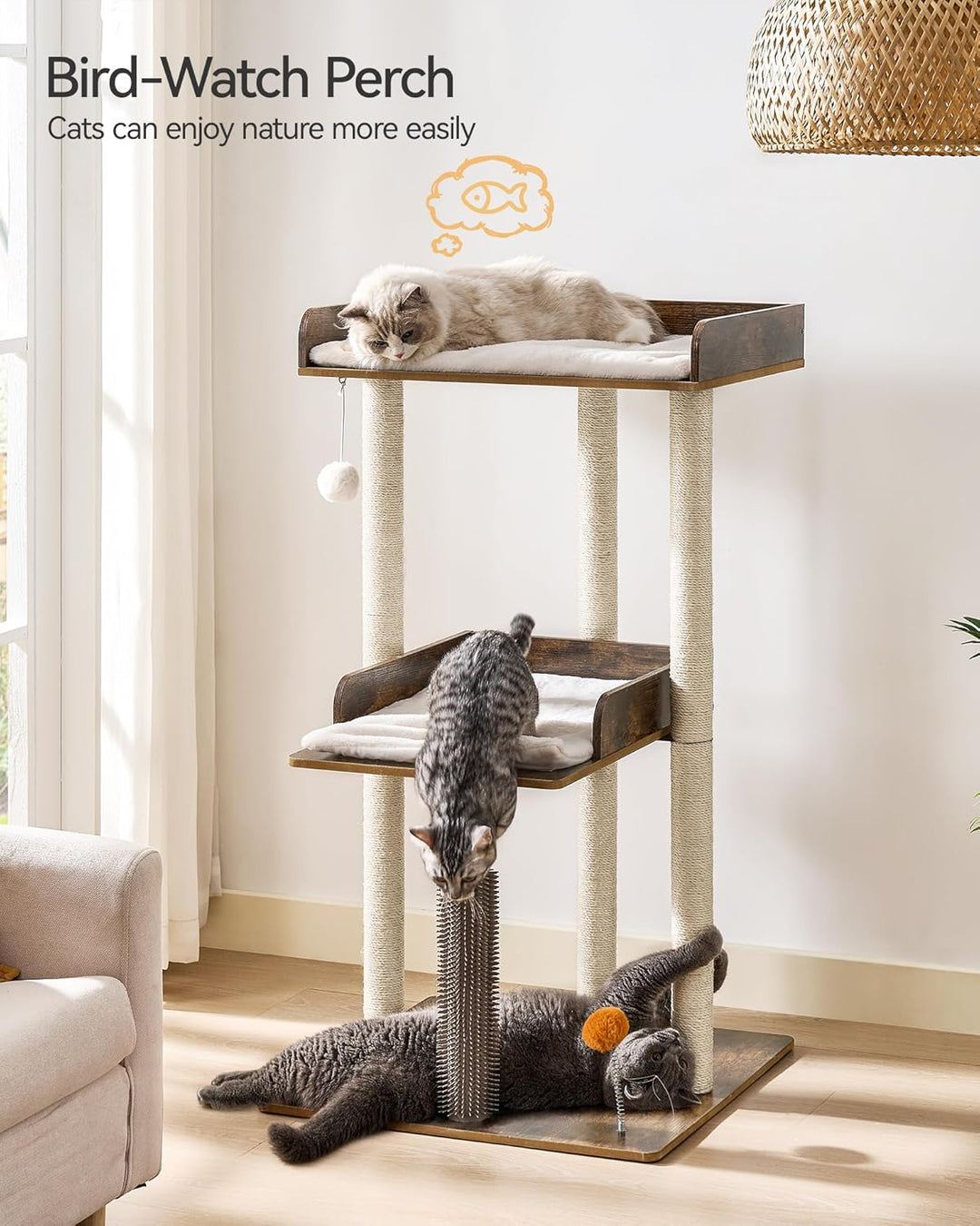 FourFurPets 111cm Katzenbaum, moderner Katzenbaumturm, Katzenturm für grosse Erwachsene Hauskatzen,
