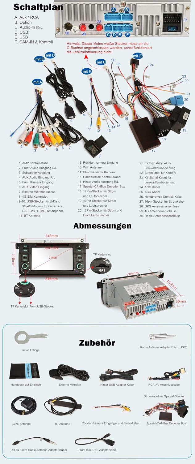 Erisin 7 Zoll 8-Kern 4GB+64GB Android 14 Autoradio Bluetooth GPS Navigation für BMW 3er E46 M3 Rover