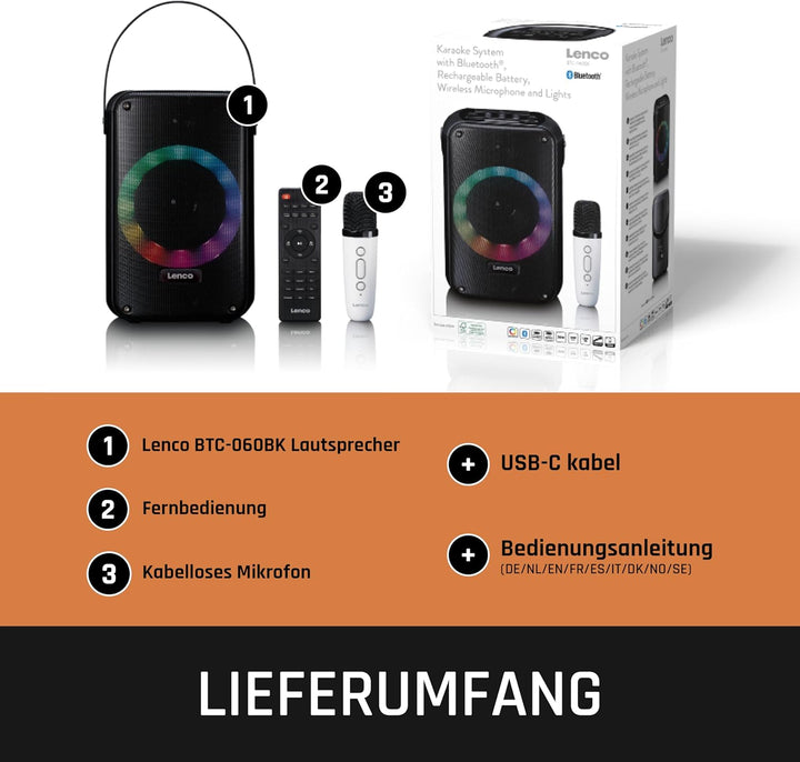 Lenco BTC-060BK - Karaoke-Set mit Bluetooth®, wiederaufladbarem Akku, drahtlosem Karaoke-Mikrofon un