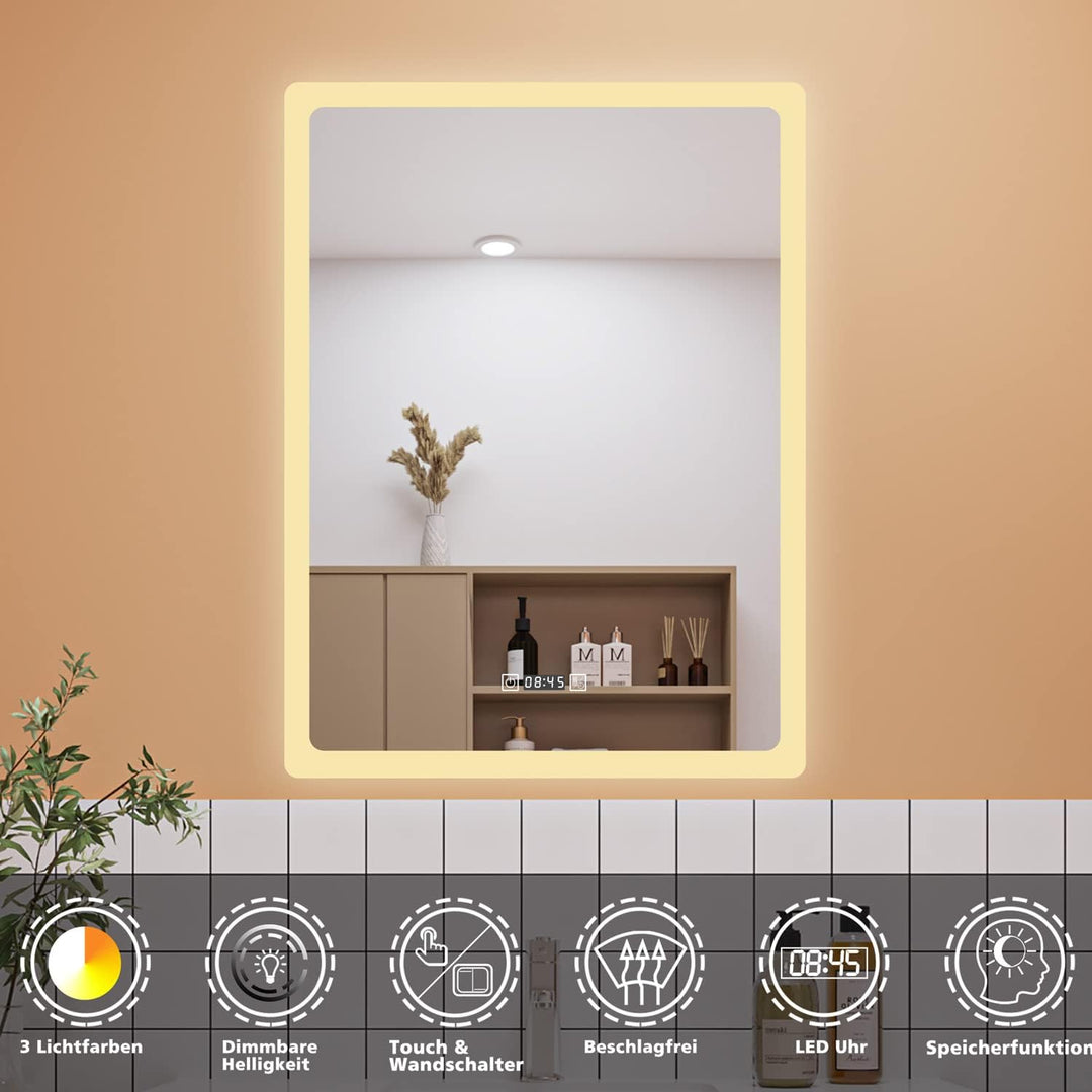 Aica Sanitär LED Badspiegel 50×70cm mit Uhr 3 Lichfarbe dimmbar Memory Wand/Touchschalter Anti-Besch