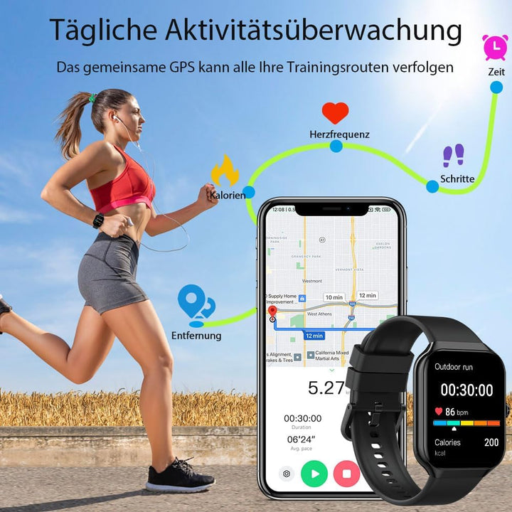Smartwatch Damen Herren,1,96"HD Smartwatch Bluetooth-5.4-Anrufe,115+ Sportmodi Fitnessuhr, IP68 Wass