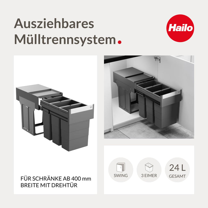 Hailo Abfallsammler 3666921 | Terzett 3x 8 Liter | für Unterschränke ab 40 cm | Teleskopauszug per H